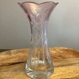 LENOX LEAD CRYSTAL VASE PINK/CLEAR ETCHED FROSTED FLORALS SCALLOPED EDGE